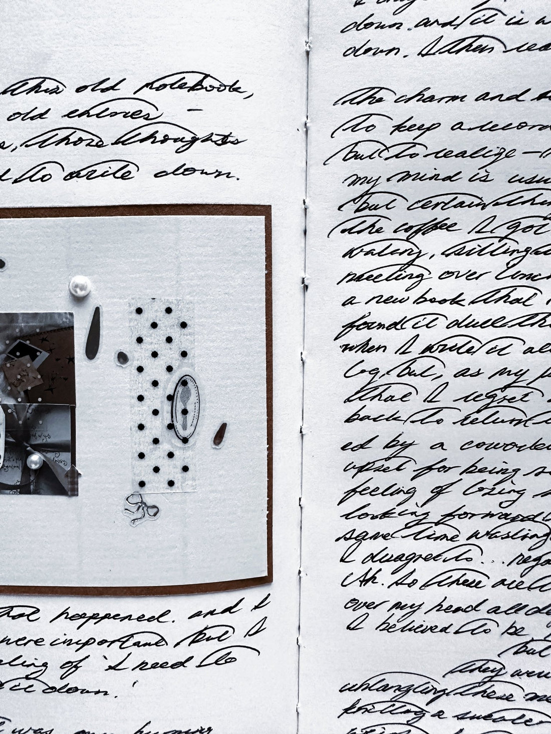 Open journal spread with handwritten cursive entries and a collage of cut paper, photos, and small embellishments on a kraft paper backing