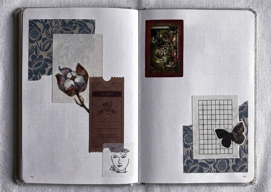 An aesthetic journal spread demonstrating the diagonal composition layout, as a guide on journaling setup methods.