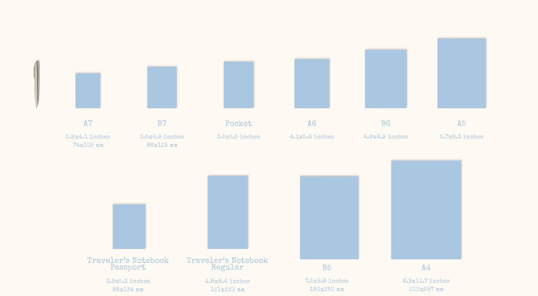 A complete visual comparison chart of standard notebook sizes, including A5, A6, B5, and Traveler's Notebooks, with a pen for scale.