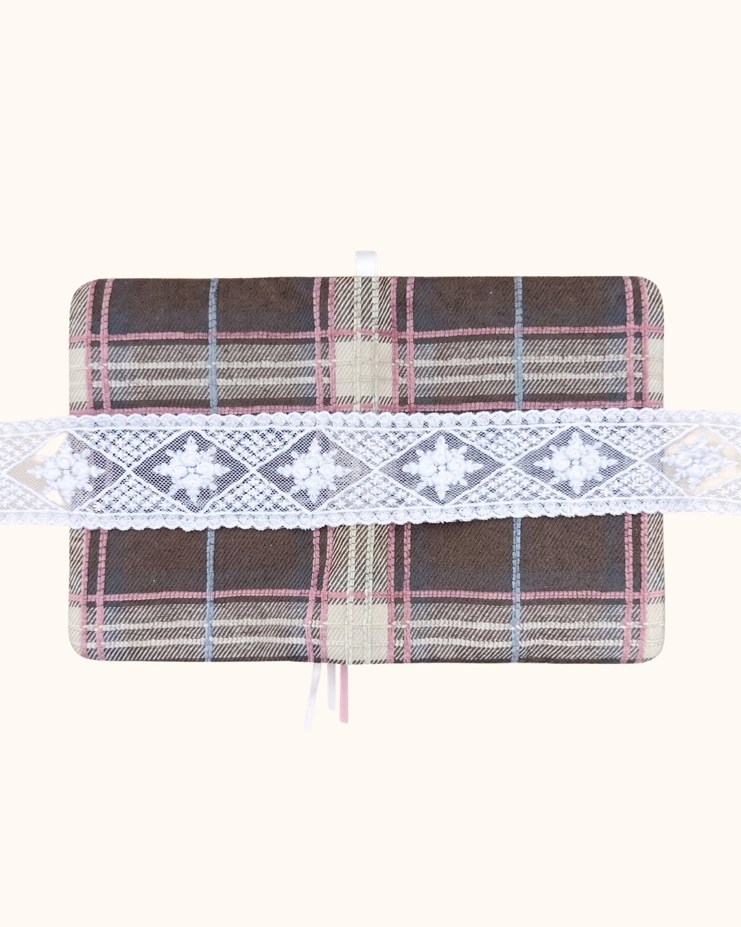 Kuura Museum Date A5 & A6 Journal & Notebook Cover in Brown Plaid, opened flat to show the full plaid wrap and lace band. Bullet journal accessory