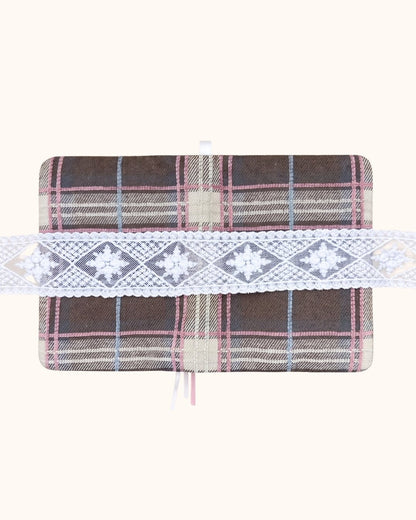 Kuura Museum Date A5 & A6 Journal & Notebook Cover in Brown Plaid, opened flat to show the full plaid wrap and lace band. Bullet journal accessory