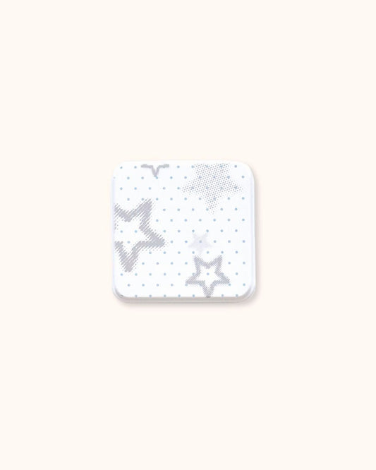 A cute aesthetic square trinket tin box in matte white, featuring a kawaii muted blue and gray starlight constellation pattern. Perfect for desk organization and storing journaling ephemera.