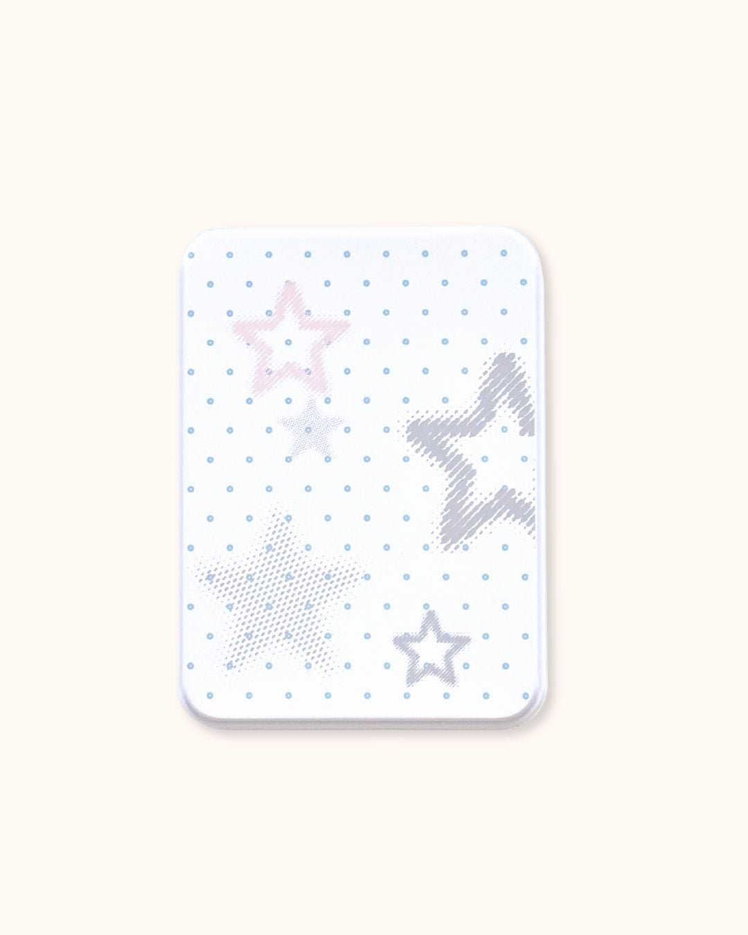 A large aesthetic trinket tin box in matte white, featuring a soft, muted starlight pattern of different star styles. Perfect for deep desk organization and bujo supplies.