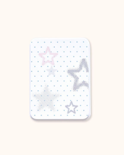 A large aesthetic trinket tin box in matte white, featuring a soft, muted starlight pattern of different star styles. Perfect for deep desk organization and bujo supplies.