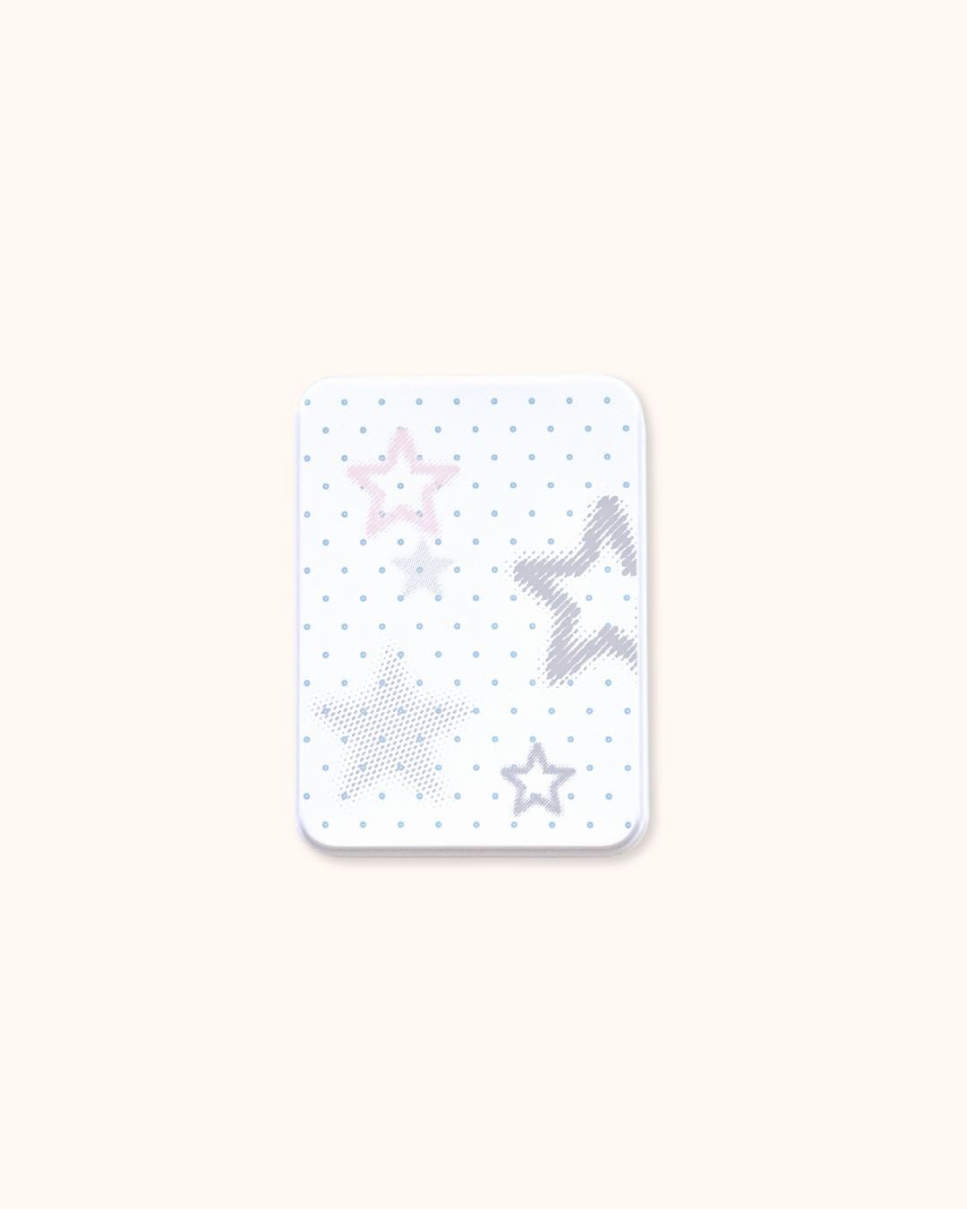 A medium-sized aesthetic trinket tin box in matte white, showcasing a cute mix of star shapes and polka dots in muted gray and blue. Perfect for comprehensive desk organization.