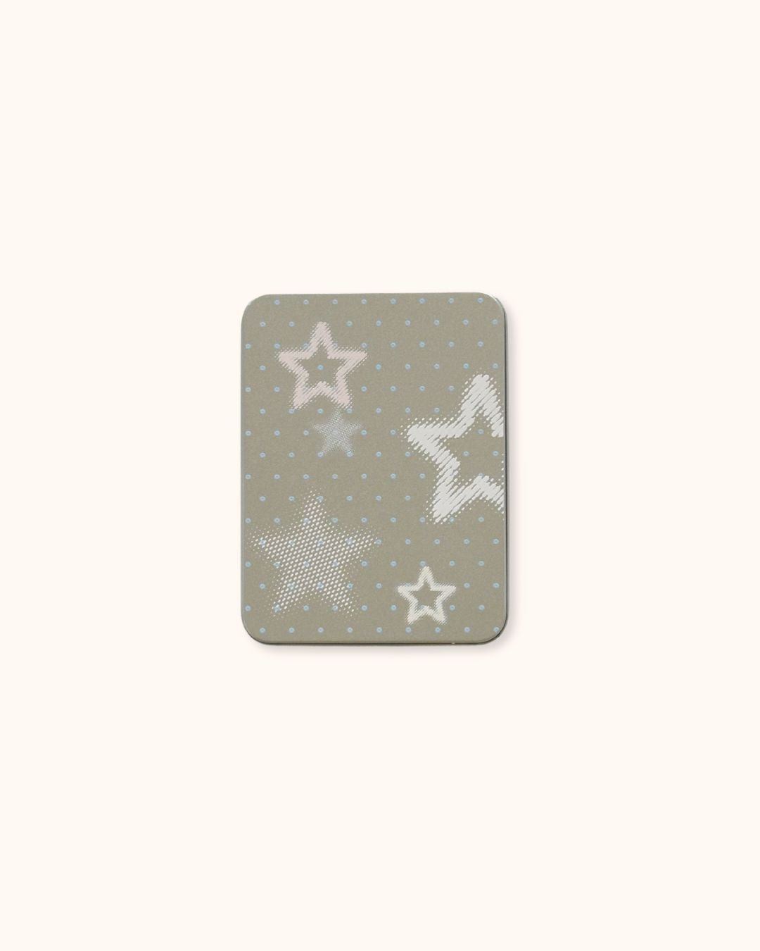 A medium-sized aesthetic tin box in silver with a minimalist muted starlight pattern on a textured background. A stylish choice for desk organization or carrying small items.