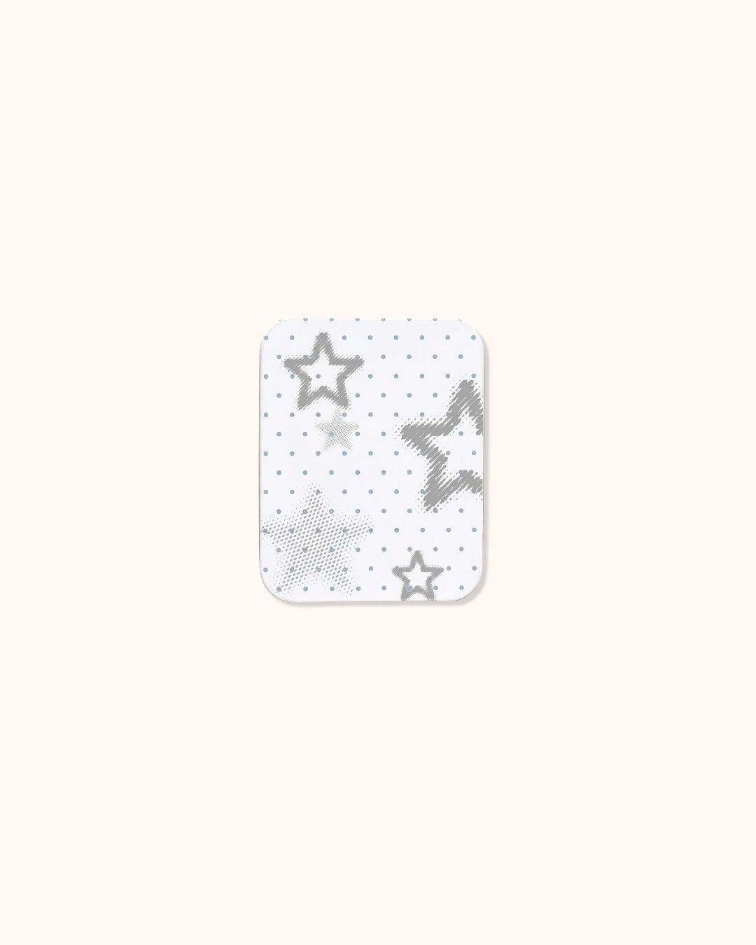 A small aesthetic trinket tin box in matte white, decorated with delicate gray and light blue starlight patterns. Ideal for creating a custom cute altoids wallet or keeping daily journaling supplies.