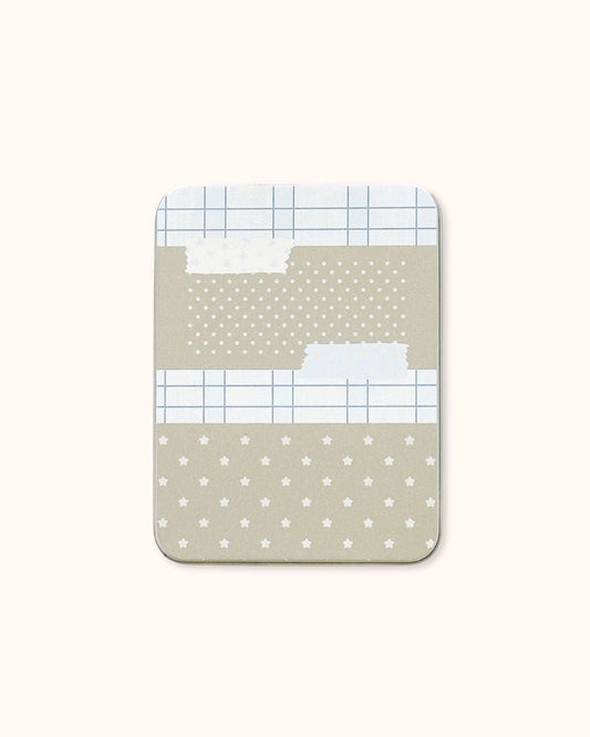 A large aesthetic tin box in silver, featuring a soft beige collage of stars and grid patterns.