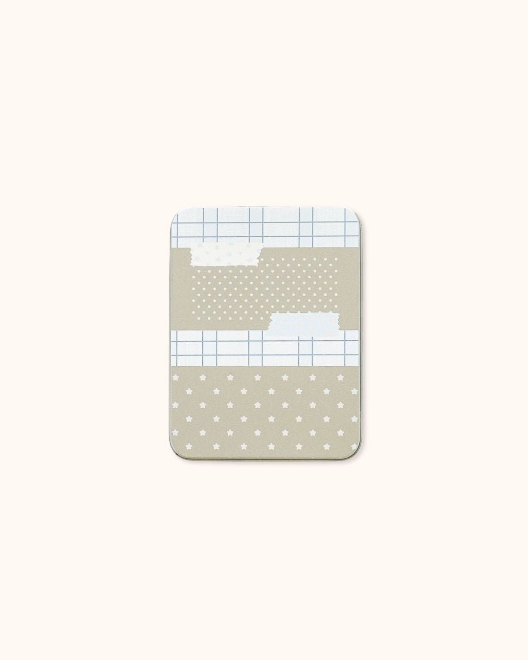 A medium aesthetic tin box in silver with a delicate beige star and grid collage design.