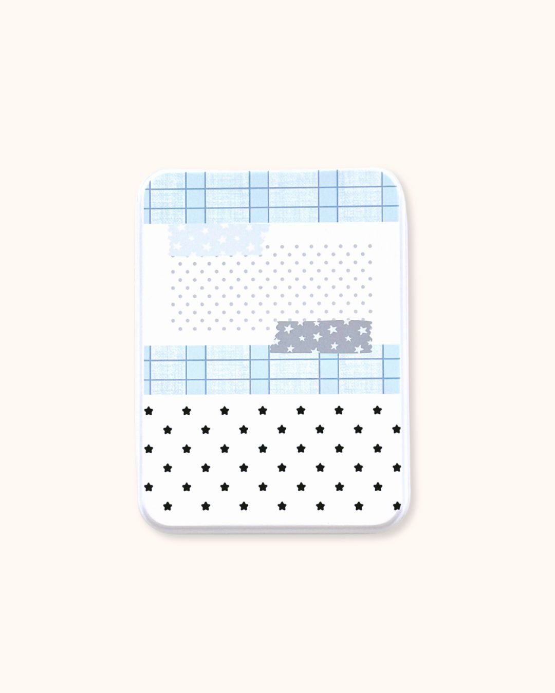 A large aesthetic trinket tin box in matte white, showcasing a cute mix of stars, polka dots, and blue grids.