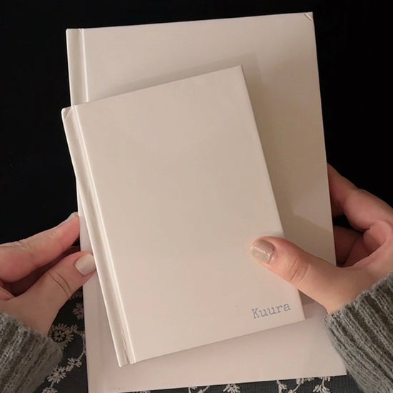 A5 & A6 unlined hardcover notebook shown up close, with pages turned and written on with various pens — Kuura aesthetic journaling supplies