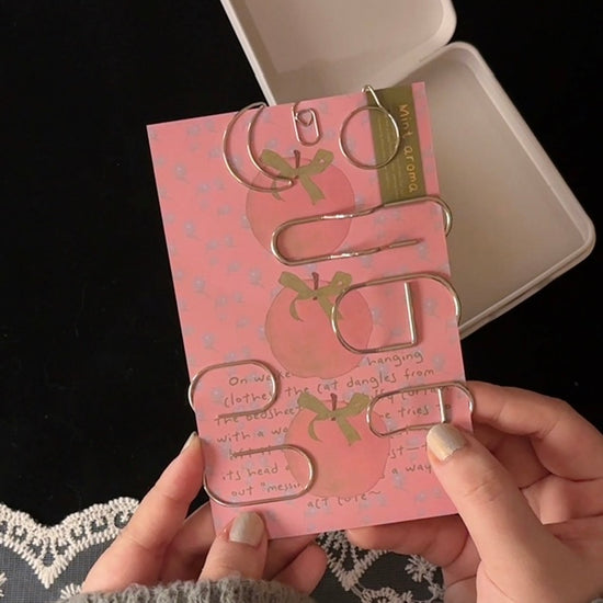 Silver wire clip set shown in use — as page-marking bookmarks and as a pen loop on a journal cover.