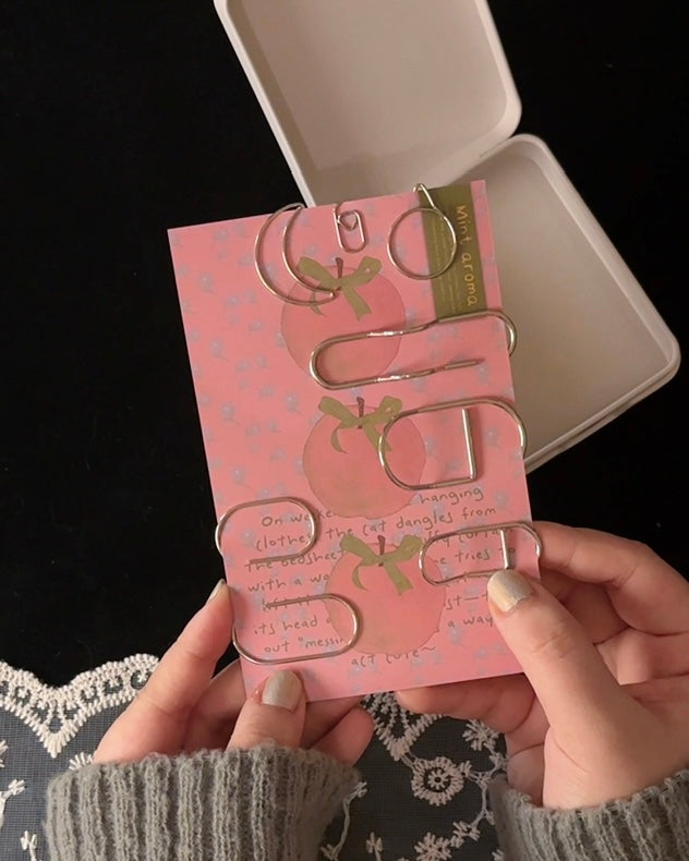 Silver wire clip set shown in use — as page-marking bookmarks and as a pen loop on a journal cover.