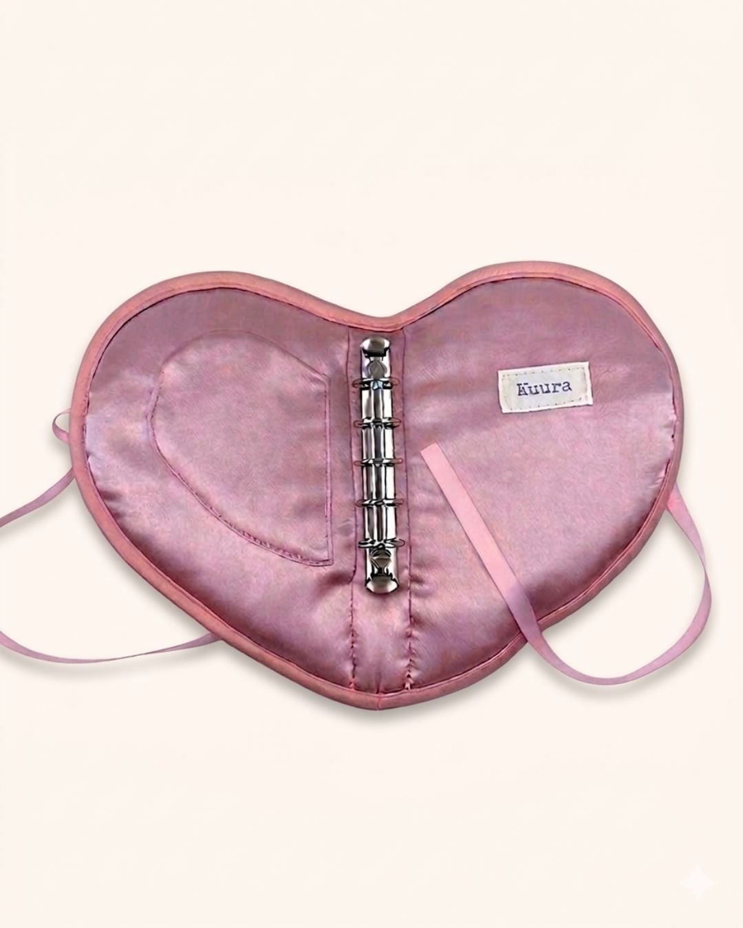 Open A7 ring binder diary journal cover, handmade by Kuura USA. Heartshaped, filled with cotton to protect journals, pouch attached for organizing and storage of stickers, notes, and small items.  