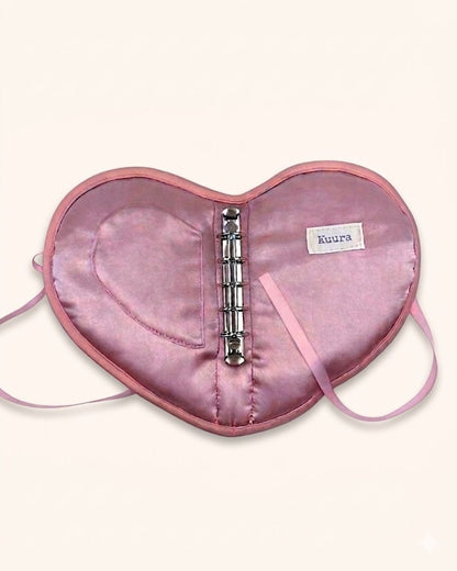 Open A7 ring binder diary journal cover, handmade by Kuura USA. Heartshaped, filled with cotton to protect journals, pouch attached for organizing and storage of stickers, notes, and small items.  