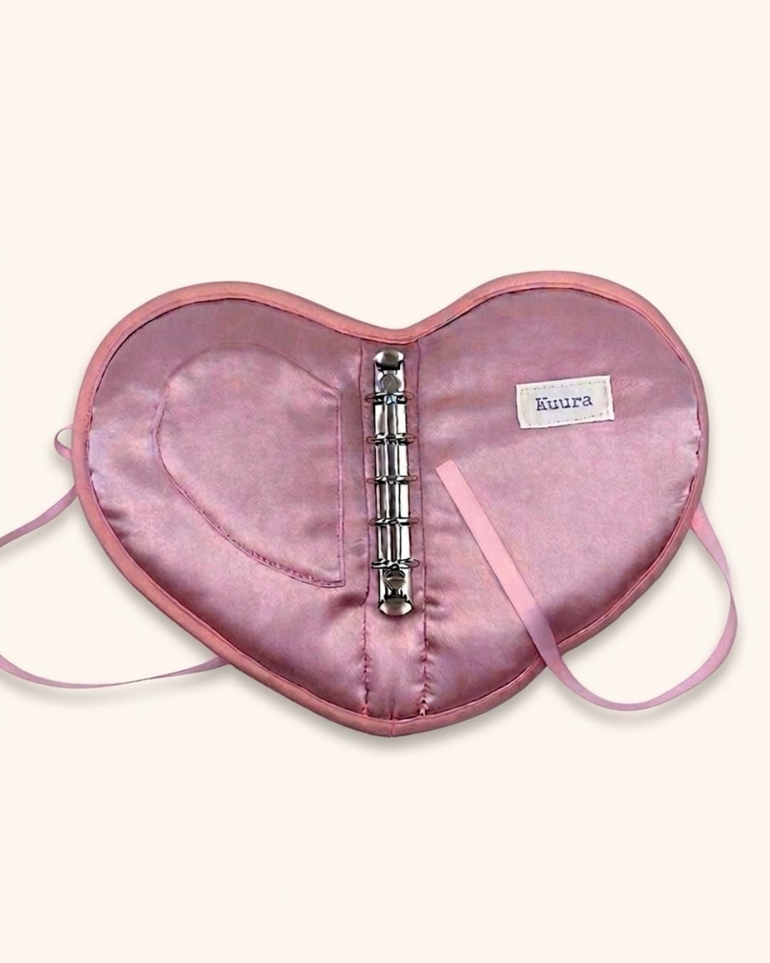 Open A7 ring binder diary journal cover, handmade by Kuura. Heartshaped, filled with cotton to protect journals, pouch attached for organizing and storage of stickers, notes, and small items.  